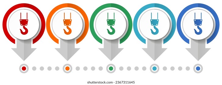 Industry, crane, counstruction vector icon set, flat design infographic template, set pointer concept icons in 5 color options for webdesign and mobile applications