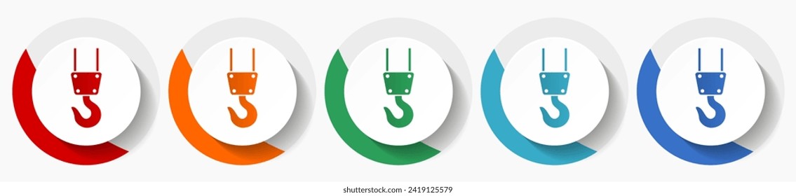 Industria, grúa, conjunto de iconos vectores de construcción, iconos planos para el diseño de logotipos, diseño web y aplicaciones móviles, botones redondos de colores