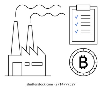 Industria, criptomoneda, blockchain, sostenibilidad, tecnología, emisiones. Fábrica con chimeneas de humo, lista de verificación icono de Bitcoin. Operaciones de Industrial y conceptos de criptomonedas