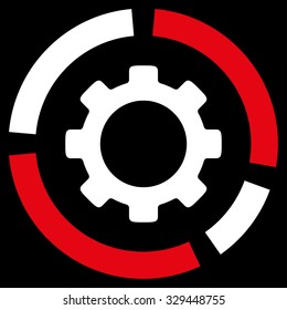 Industry Diagram vector icon. Style is bicolor flat symbol, red and white colors, rounded angles, black background.