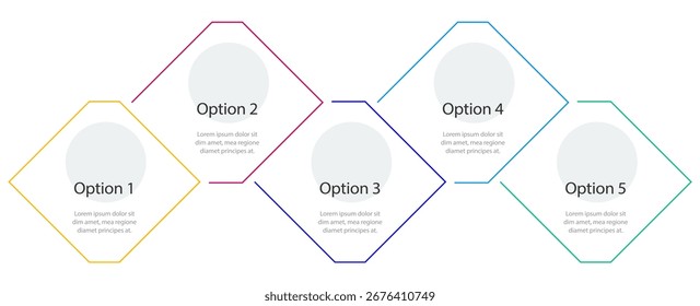 Modelo de infográfico rômbico de digitalização do setor. Fabricação inovadora. Visualização de dados com 5 etapas. Design de vetor de processo vazio. Gráficos de informações de opções em branco editáveis