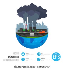 Industry earth concept. Vector illustration for global industrial. Flat cartoon. World factory on white background. Plant isolated. Smoke, smog production. Pollution manufacturing sign.