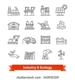 Industry & Ecology thin line art icons set. Production lines, logistics and various types of power stations. Linear style symbols isolated on white.