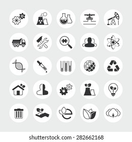 Industry and ecology total vector icon set - industrial, eco, plant, nature, factory, chemistry laboratory, environment, pollution, etc