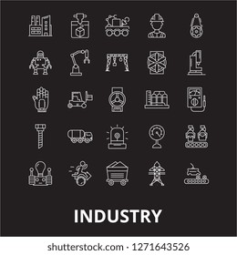 Industry editable line icons vector set on black background. Industry white outline illustrations, signs, symbols