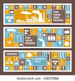 Industry elements horizontal banners with factory building manufacturing white flat icons vector illustration