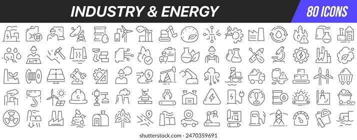 Colección de iconos de línea de industria y energía. Icono de interfaz de usuario grande en un diseño plano. Paquete de iconos de contorno fino. Ilustración vectorial EPS10