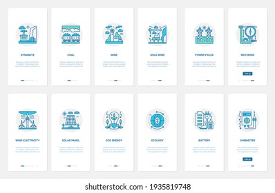 Industry energy technology vector illustration. UX, UI onboarding mobile app page screen set with line industrial coal gold mining in mines, alternative sources of electricity and electrical equipment