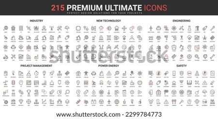 Industry and engineering, new technology, safety thin line red black icons set vector illustration. Abstract symbols business project management, power energy factory simple design for mobile, web app
