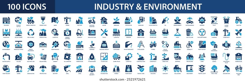 Ícones da indústria e do ambiente. Ecologia, fábrica, eletricidade verde, energia renovável.