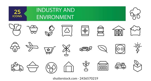 Industry and Environment icons. Thin line icons collection. Thin line icons set of ecology, environment and sustainability concepts.