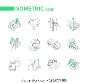 Industry And Environment - Line Colorful Isometric Icons Set. Industrial Equipment And Ecology Idea. Wind Turbines, Oil Pump. Woodworking, Nuclear Power. Solar, Geothermal, Water Energy, Agriculture