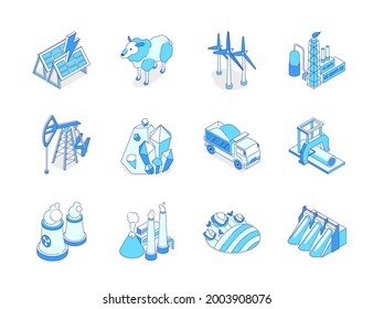 Industry and environment - modern line isometric icons set. Industrial equipment and ecology idea. Wind turbines, oil pump. Woodworking, nuclear power. Solar, geothermal, water energy, agriculture