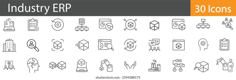 Industry ERP Line Icons Set. Collection of 30 outline icons representing enterprise resource planning, manufacturing management, automation, and industrial software. Editable stroke .
