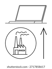 Industry evolution, economic growth, technology progress, sustainability, production enhancement, business analysis. Laptop, factory icon upward arrow. Industry evolution and economic growth concept