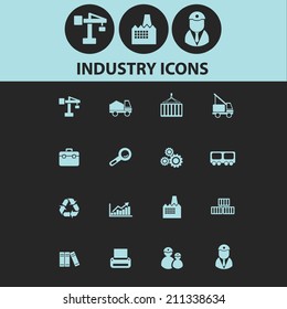 industry, factory, business black icons, signs, silhouettes, illustrations set. vector 