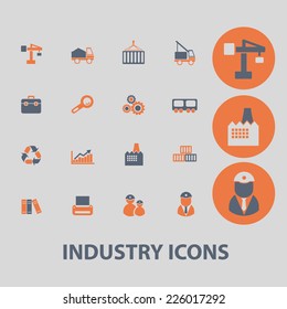 industry, factory, business icons, signs, illustrations set, vector