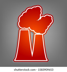 Industry factory chimney pollution with smoke. Flat red icon with linear white icon with gray shadow at grayish background. Illustration.
