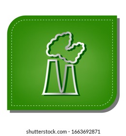 Industry factory chimney pollution with smoke. Silver gradient line icon with dark green shadow at ecological patched green leaf. Illustration.