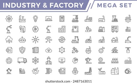 Industry and Factory icon set. Container, crane, machine, monitor, barrel, generator, truck, danger, energy, security helmet, conveyor belt siren vector icon