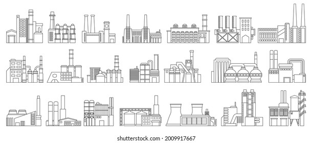 Industry Factory Isolated Outline Set Icon. Vector Outline Set Icon Manufacturing Of Building. Vector Illustration Industry Factory On White Background.