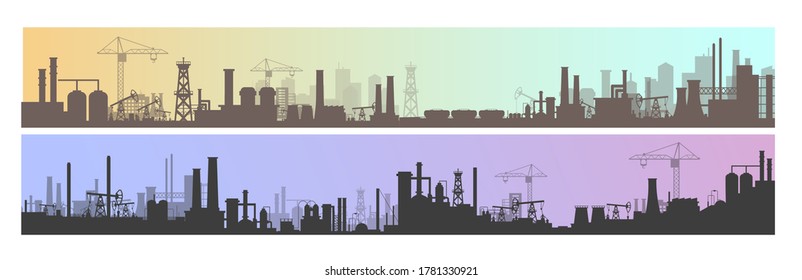 Industry, factory and manufacture landscape vector illustrations. Cartoon flat industrial panoramic area with manufacturing plants, power stations, warehouses, cooling tower silhouettes background