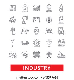 Industry, factory, manufacturing, assembly, engineering, industrial plant worker line icons. Editable strokes. Flat design vector illustration symbol concept. Linear signs isolated on white background
