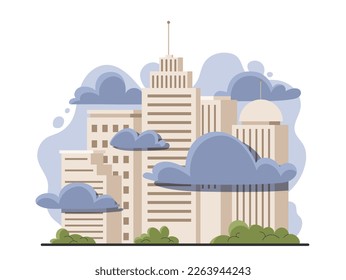 Industry factory pollution. Smog near urban modern buildings. Emissions of harmful substances into atmosphere, production and factory, industrialization concept. Cartoon flat vector illustration