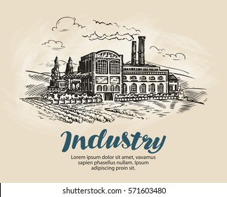 Indústria, esboço da fábrica. Produção industrial, fabricação. Ilustração vetorial vintage