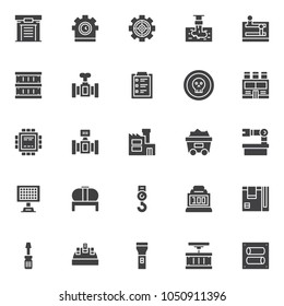 Industry factory vector icons set, modern solid symbol collection filled style pictogram pack. Signs logo illustration. Set includes icons as warehouse, clock gear, discharge of liquid chemical waste