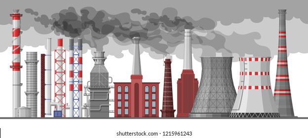 Industry factory vector industrial chimney pollution with smoke in environment illustration set of chimneyed pipe factory with toxic air cityscape on white background