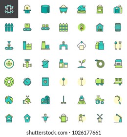 Industry and farming filled outline icons set, line vector symbol collection, linear colorful pictogram pack. Signs, logo illustration, Set includes icons as windmill, tractor, barn, factory