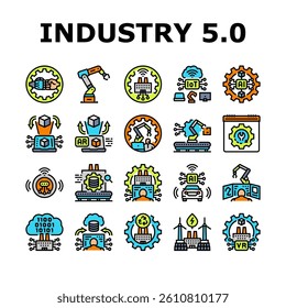 industry five automation icons set vector. robotics cybersecurity, analytics blockchain sustainability innovation, connectivity industry five automation color line illustrations