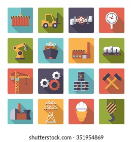 Diseño plano de la industria, conjunto de iconos de sombra larga. Colección de 16 símbolos vectoriales de diseño plano de temática industrial en cuadrados redondeados