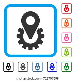 Industry Gear Location Marker icon. Flat grey pictogram symbol in a light blue rounded frame. Black, gray, green, blue, red, orange color variants of Industry Gear Location Marker vector.