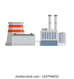 Industry with gray pipes. Thermal power plant. Production of energy and goods. Industrial zone. Urban landscape, buildings and the environment. Cartoon flat illustration