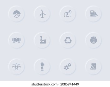industry gray vector icons on round rubber buttons. industry icon set for web, mobile apps, ui design and promo business polygraphy