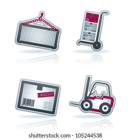 Industry & Heavy industry icons set, pictured here from left to right: Cargo Container, Hand truck, Package, Forklift.
