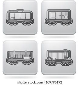Industry & Heavy industry icons set, pictured here from left to right:  Tank Car, Box Car, Open platform car, Hopper car.