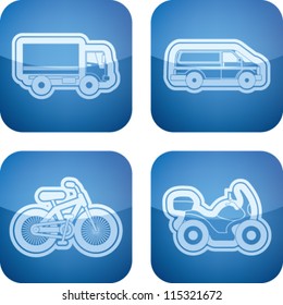 Industry & Heavy industry icons set, pictured here from left to right:  Truck, Van, Bike, Motorbike.