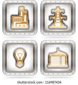Industry & Heavy industry icons set, pictured here from left to right:  Manufacture, Transmission tower, Light bulb, Oil refinery (tank).