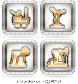Industry & Heavy industry icons set, pictured here from left to right:  Fossil-fuel power station, Oil well, Oil Rig, Wind farm.