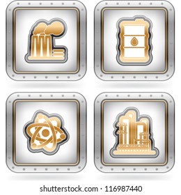 Industry & Heavy industry icons set, pictured here from left to right:  Factory, Barrel of oil, Nuclear power plant, Chemical plant.