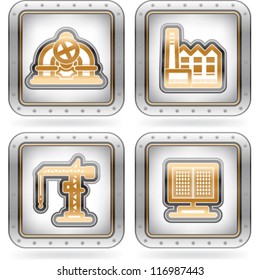 Industry & Heavy industry icons set, pictured here from left to right:  Oil pipe, Production Mill, Crane, Solar panels.