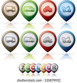 Industry & Heavy industry icons set, pictured here from left to right:  Truck, Van, Bike, Motorbike.
