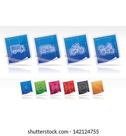 Industry & Heavy industry icons set, pictured here from left to right:  Truck, Van, Bike, Motorbike.