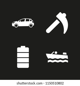 industry icon. 4 industry set with automobile, person travelling in a boat transport floating on the sea, battery and agriculture vector icons for web and mobile app