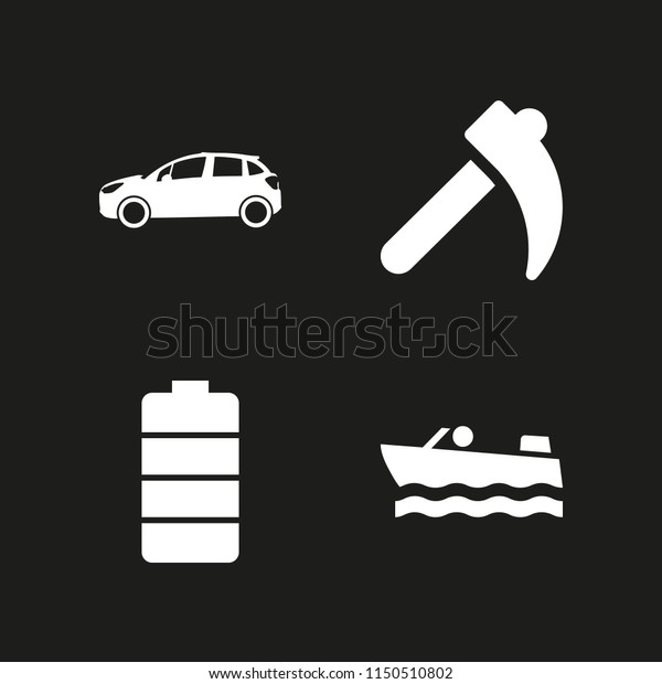 industry icon. 4 industry set with\
automobile, person travelling in a boat transport floating on the\
sea, battery and agriculture vector icons for web and mobile\
app