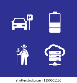 industry icon. 4 industry set with battery, parked car, farm and server vector icons for web and mobile app