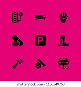industry icon. 9 industry set with construction and tools, piston, car parking and drug vector icons for web and mobile app